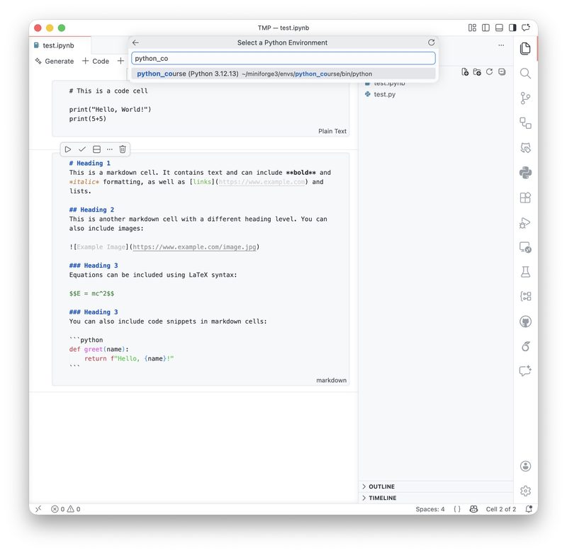 Selecting the Python kernel for the current notebook session.