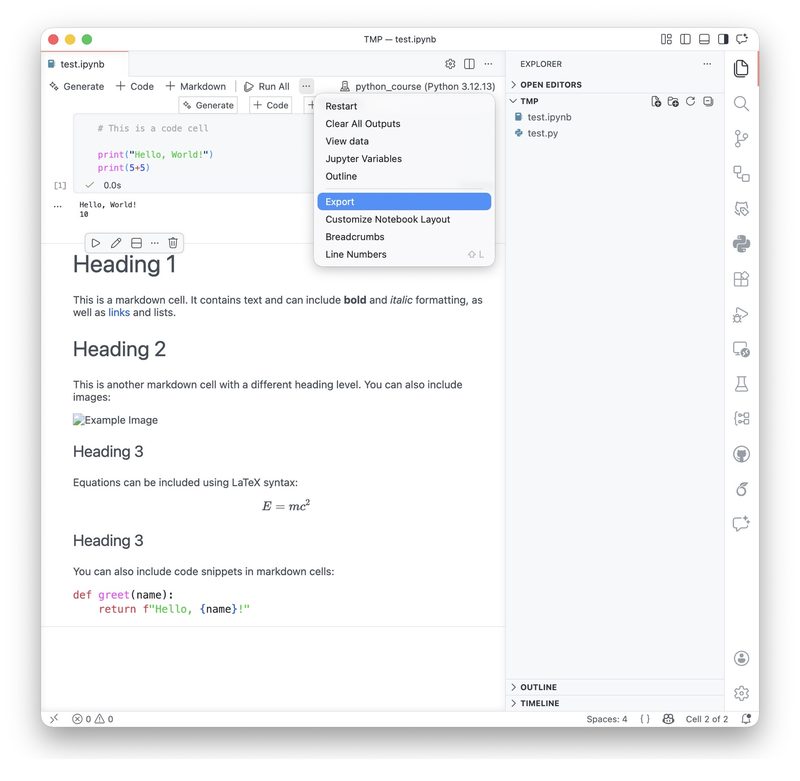 Exporting a Jupyter notebook to a Python script in VS Code.