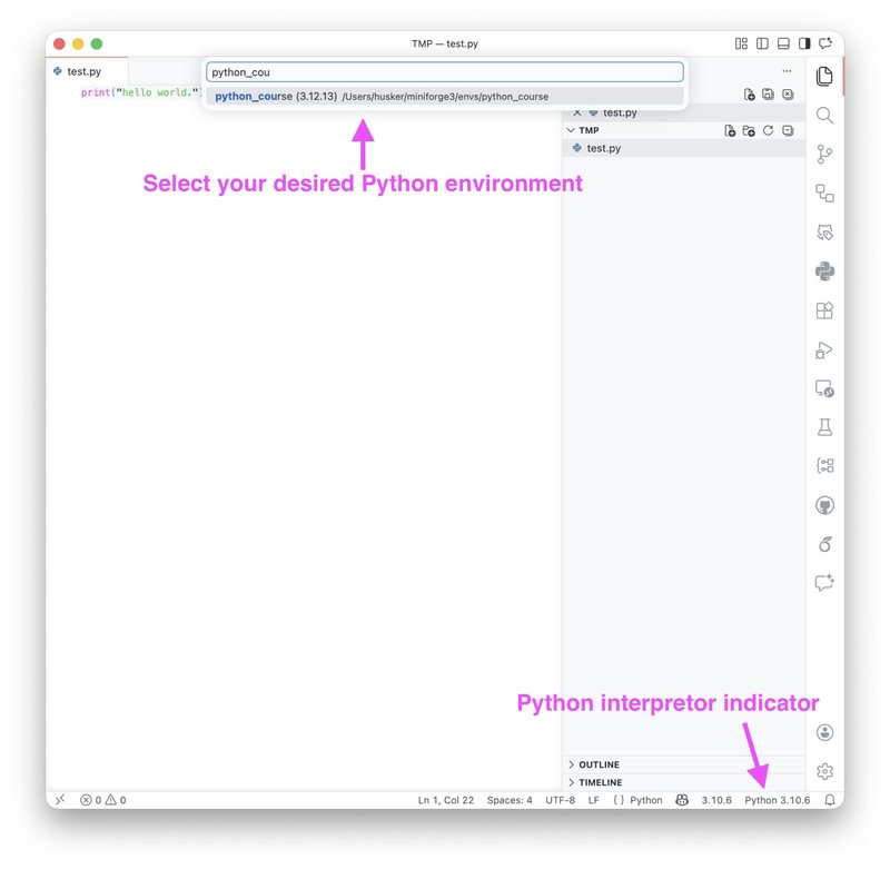 Example of selecting a Python interpreter in VS Code.