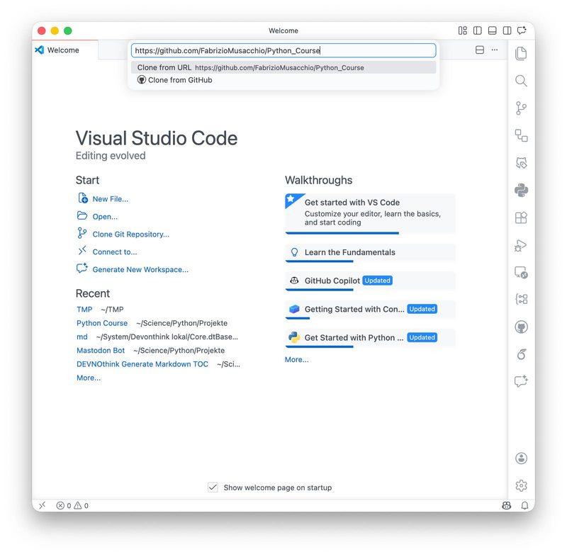 Cloning a GitHub repository using VS Code's start window.